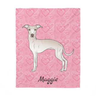 Cream Italian Greyhound Cute Dog On Pink Hearts Fleece Blanket