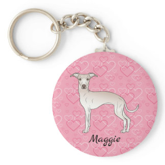 Cream Italian Greyhound Cute Dog On Pink Hearts Keychain