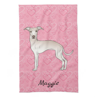 Cream Italian Greyhound Cute Dog On Pink Hearts Kitchen Towel