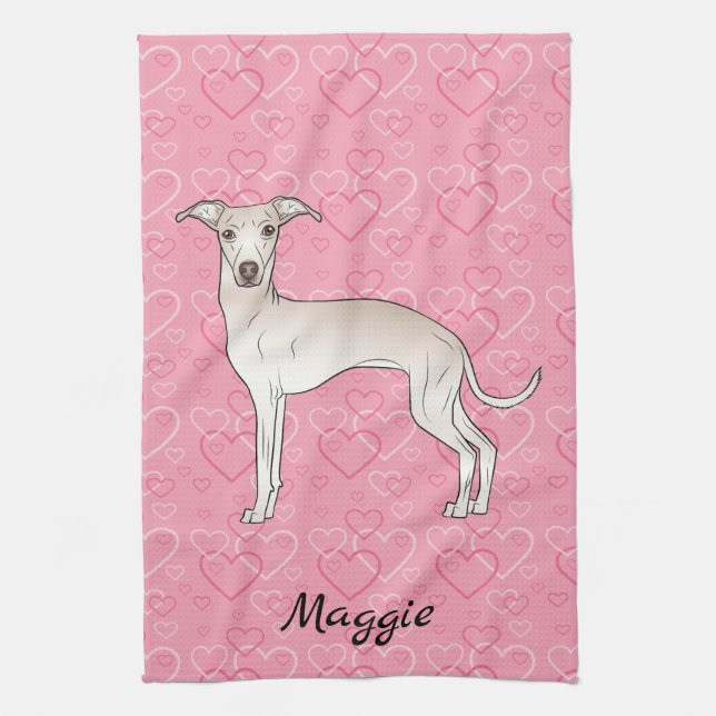 Cream Italian Greyhound Cute Dog On Pink Hearts Kitchen Towel (Vertical)