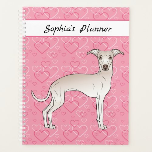 Cream Italian Greyhound Cute Dog On Pink Hearts Planner