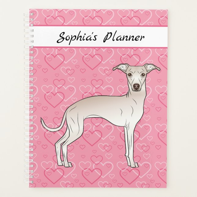 Cream Italian Greyhound Cute Dog On Pink Hearts Planner (Front)