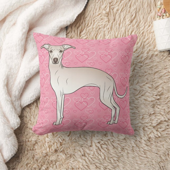 Cream Italian Greyhound Cute Dog On Pink Hearts Throw Pillow (Blanket)