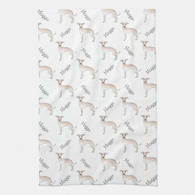 Cream Italian Greyhound Cute Dog Pattern With Name Kitchen Towel (Vertical)