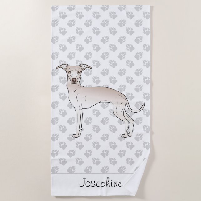 Cream Italian Greyhound Cute Dog With Custom Name Beach Towel (Front)