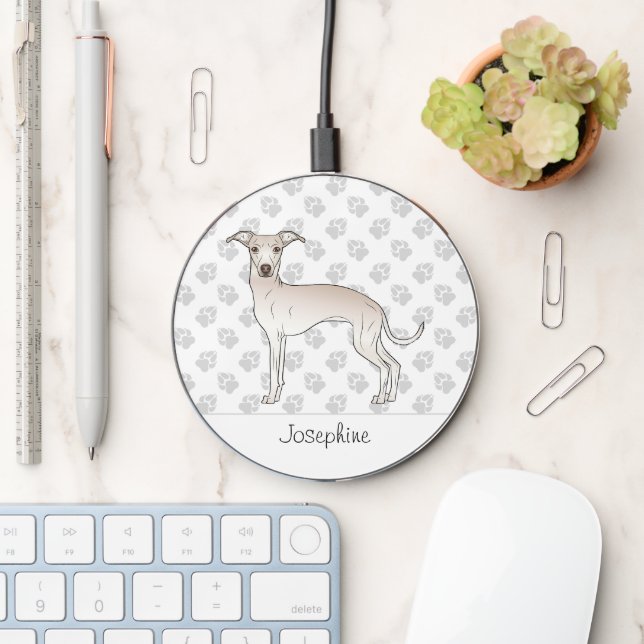 Cream Italian Greyhound Cute Dog With Custom Name Wireless Charger (Desk)