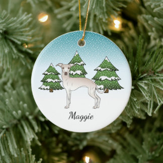 Cream Italian Greyhound Dog In A Winter Forest Ceramic Ornament
