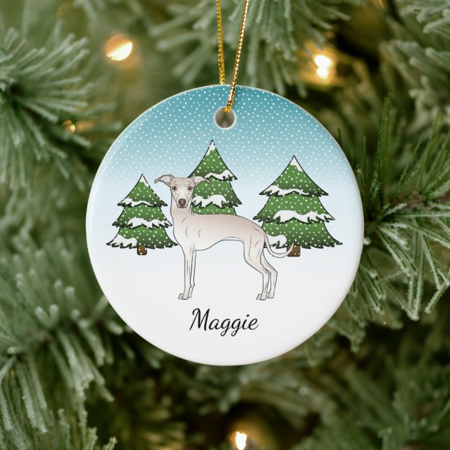 Cream Italian Greyhound Dog In A Winter Forest Ceramic Ornament (Tree)