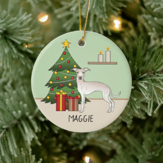 Cream Italian Greyhound Dog With A Christmas Tree Ceramic Ornament