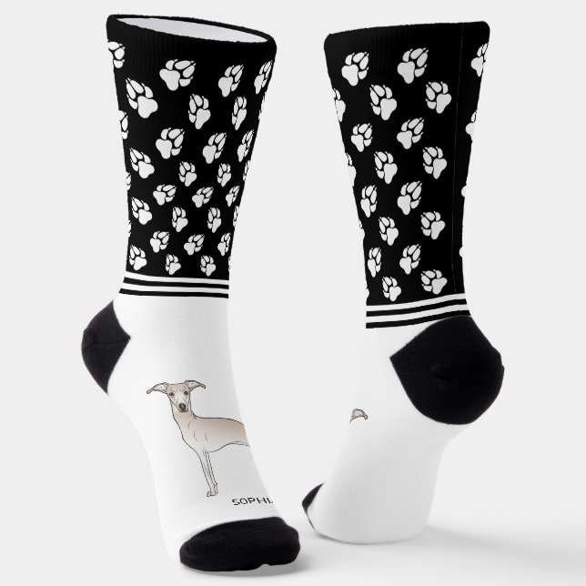 Cream Italian Greyhound Dog With Name And Paws Socks (Angled)