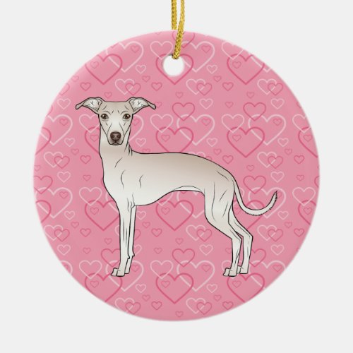 Cream Italian Greyhound Pink Hearts Pet Memorial Ceramic Ornament