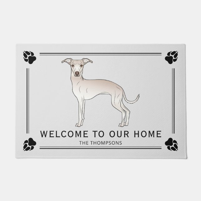 Cream Italian Greyhound With Paws And Custom Text Doormat (Front)