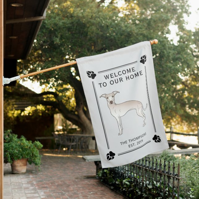 Cream Italian Greyhound With Paws And Custom Text House Flag (In SItu)