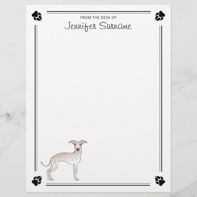Cream Italian Greyhound With Paws And Custom Text Letterhead (Front)