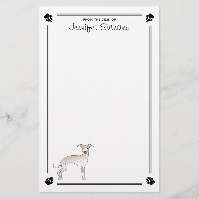 Cream Italian Greyhound With Paws And Custom Text Stationery (Front)