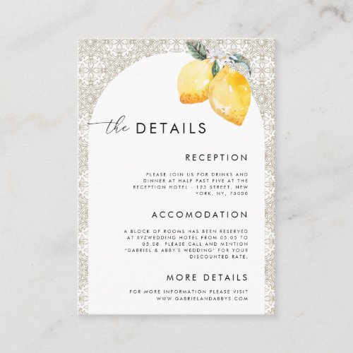 Cream Italian Spanish Tile Lemons Wedding Details Enclosure Card