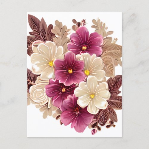 Cream Ivory and Burgundy Flowers on a Vintage Past Postcard