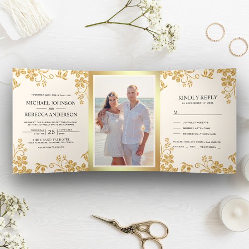 Cream Ivory and Gold Foil Floral Leaves Wedding Tri_Fold Invitation