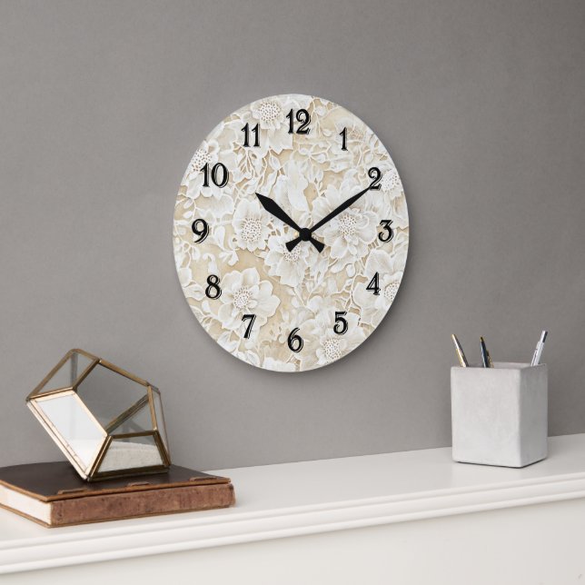 Cream Ivory Flowers Large Clock (Office)