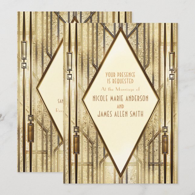 Cream Ivory Gold 20's Art Deco Gatsby Glam Wedding Invitation (Front/Back)