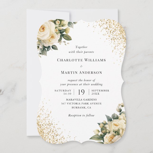 Cream Ivory Gold Confetti Elegant Floral Wedding Invitation (Front)