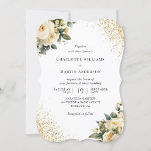 Cream Ivory Gold Confetti Elegant Floral Wedding Invitation