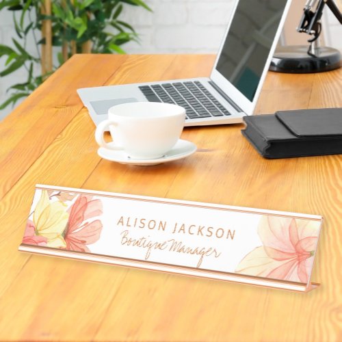 Cream ivory peach summer flowers boutique manager desk name plate