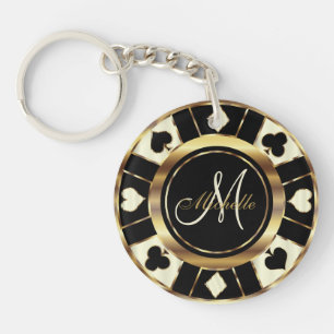 Cream Ivory Poker Chip Design - Monogram Keychain