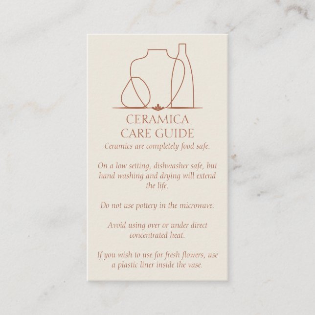 Cream Ivory Pottery Vase Ceramic Care Instruction Business Card (Front)
