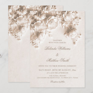 Cream Ivory Sculptured Floral 3D Roses Wedding Invitation