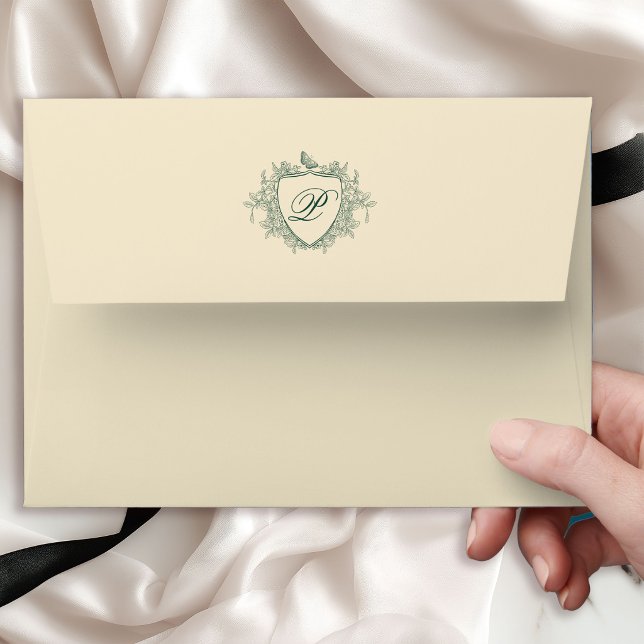 Cream ivory vintage crest monogram wedding envelope (Creator Uploaded)