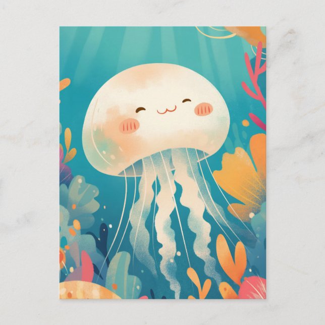 Cream Jellyfish in Teal Tropical Coral Reef Ocean Postcard (Front)