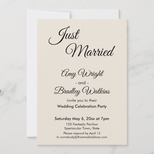 Cream "Just Married" Simple, Elegant Reception Invitation (Front)