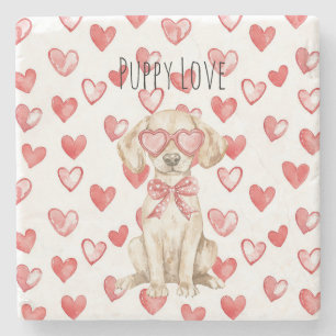 Cream Labrador Dog Red Hearts Bow Stone Coaster