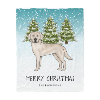 Cream Labrador Retriever Dog Blue Snowy Christmas Fleece Blanket