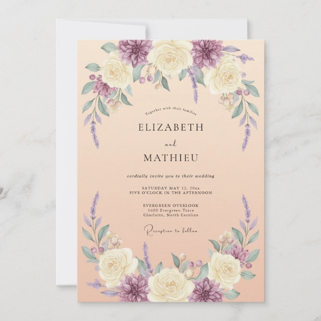 Cream Lavender Floral Artistry Wedding Invitation (Front)