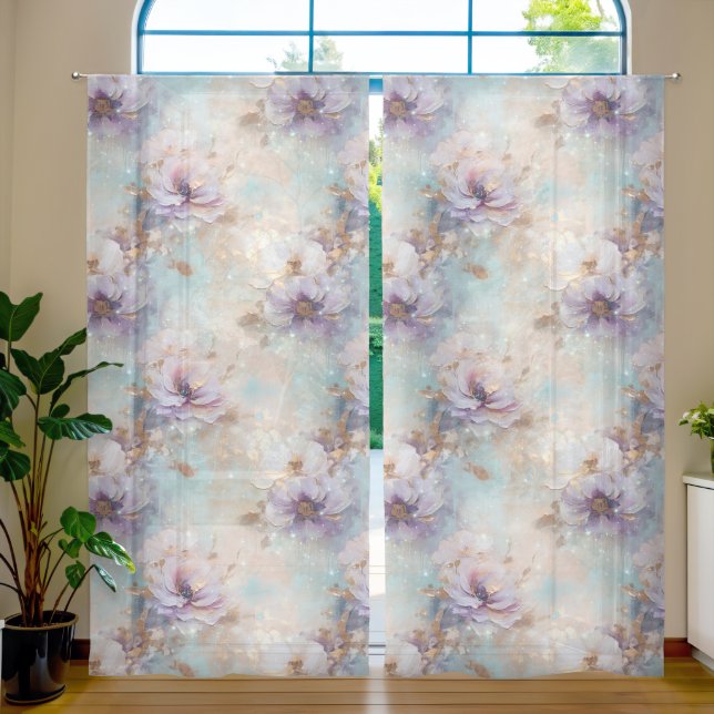 Cream Lavender Purple Flowers Sheer Curtains (Living Room)