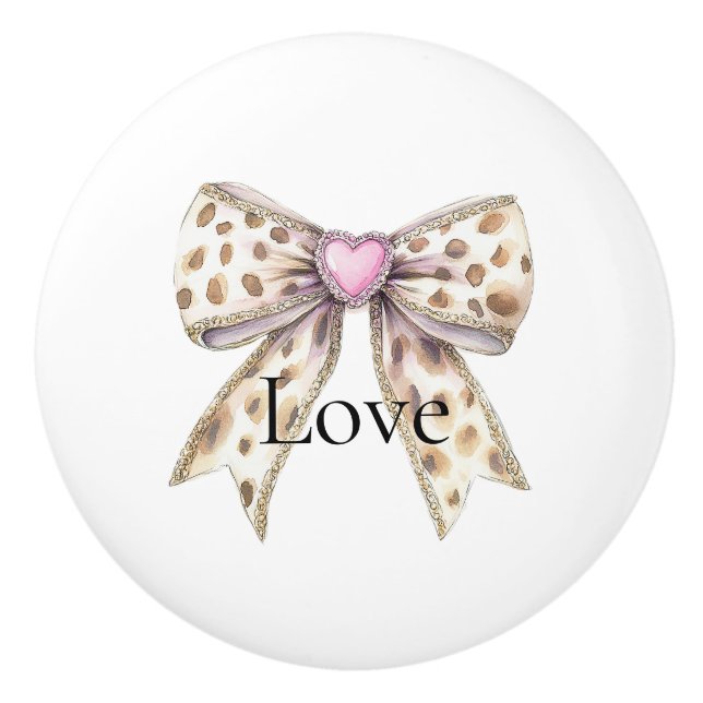 Cream Leopard Animal Print Pink Heart Bow Ceramic Knob (Front)