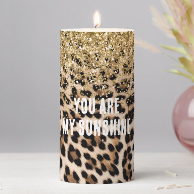Cream Leopard Glam Gold Gitter Pillar Candle (In Situ)