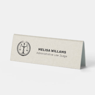 Cream Linen and Black Justice Logo Table Tent