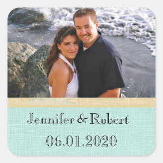 Cream Linen and Blue Palm Trees Square Sticker
