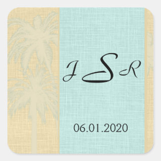 Cream Linen Blue Palm Trees Monogram Sticker