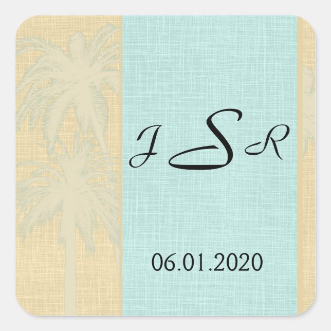 Cream Linen Blue Palm Trees Monogram Sticker (Front)