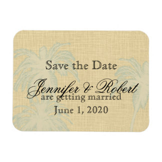 Cream Linen Blue Palm Trees Wedding Save the Date Magnet