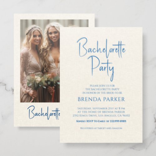 Cream Linen Custom Script Bachelorette Party Letterpress Photo Cards