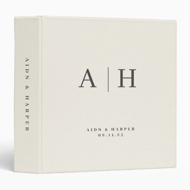 Cream Linen Texture Wedding Note Custom Monogram 3 Ring Binder (Front/Spine)