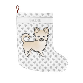 Cream Long Coat Chihuahua Cartoon Dog &amp; Name Large Christmas Stocking