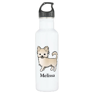 Cream Long Coat Chihuahua Cartoon Dog &amp; Name Stainless Steel Water Bottle