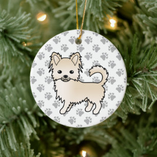 Cream Long Coat Chihuahua Cartoon Dog & Paws Ceramic Ornament