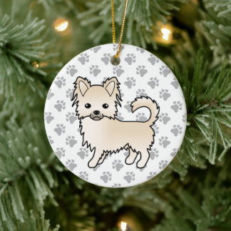 Cream Long Coat Chihuahua Cartoon Dog &amp; Paws Ceramic Ornament